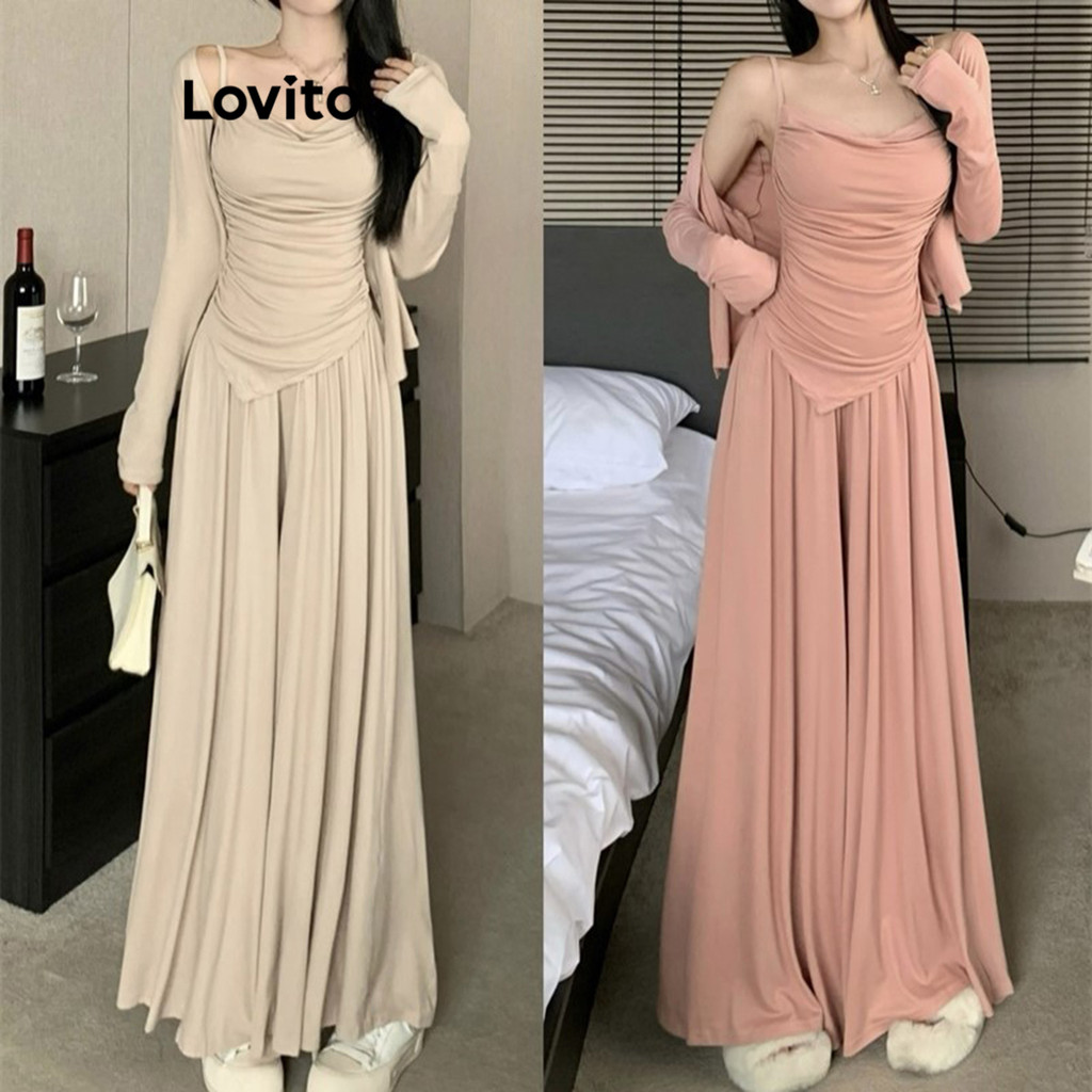 Lovito ชุดเซ็ทกางเกง แต่งจีบ สีพื้น สไตล์ลำลอง สำหรับผู้หญิง LNE60580