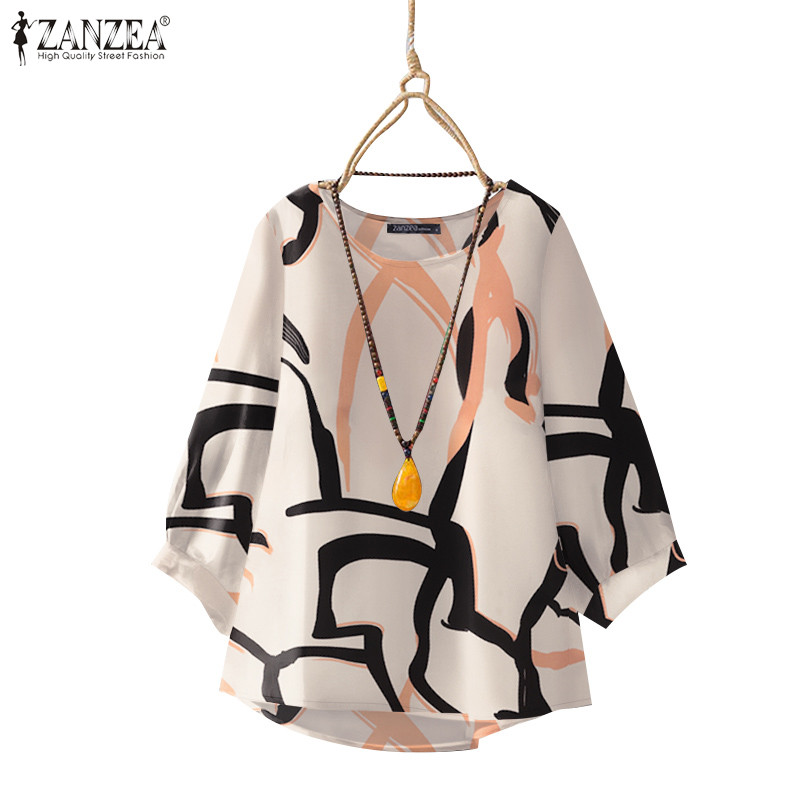 ZANZEA ใส่ ซานเซีย ผู้หญิงเกาหลีลําลองรอบคอ3/4แขนเสื้อหลวมพิมพ์เสื้อ