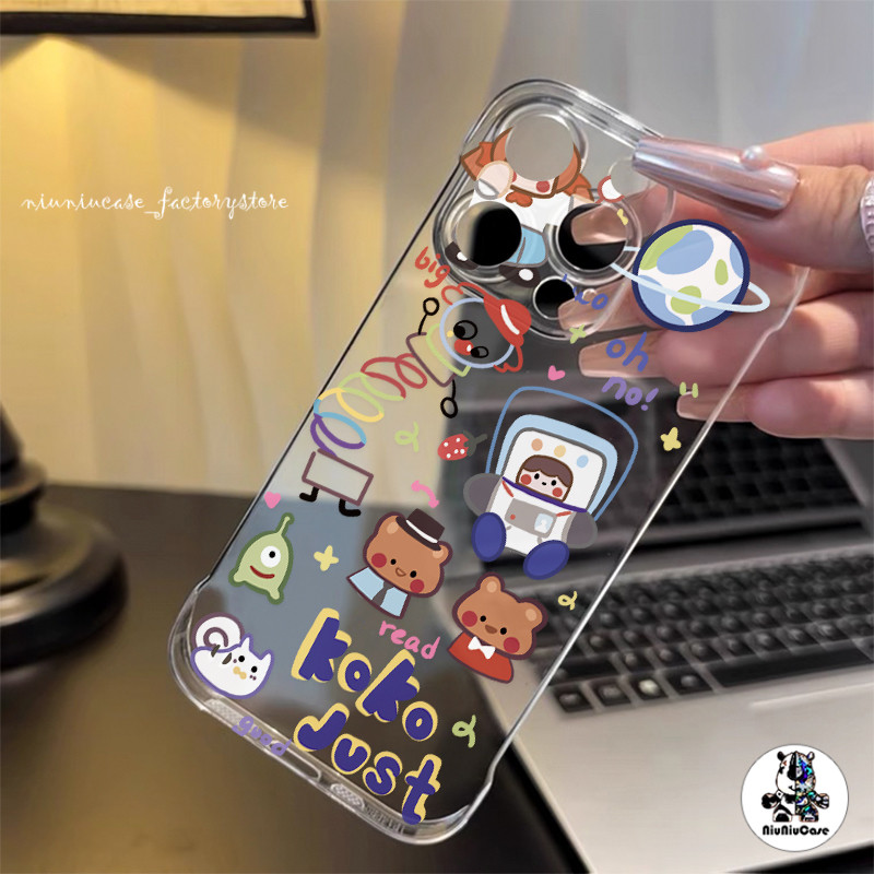 บางใสไร้ขอบสำหรับเคสไอโฟน11 ลายการ์ตูน กรณีโทรศัพท์ iPhone 11 12 13 14 15 16 Pro Max 14P 15P ผู้ถือโลหะ กรณีป้องกันการตก