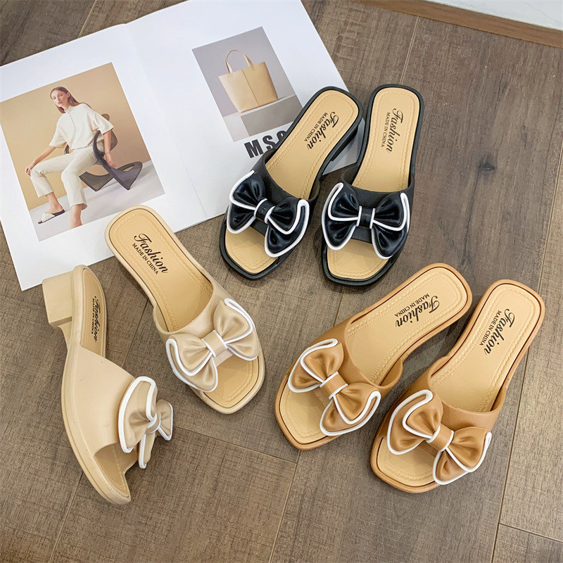 ManBu8🌞พร้อมส่ง🚚  รองเท้าแตะสวม ส้นตึก ดีเทลโบว์ สำหรับผู้หญิง แมตได้ทุกลุค ใส่สบาย  (LT-886-2) - รูปที่ 7