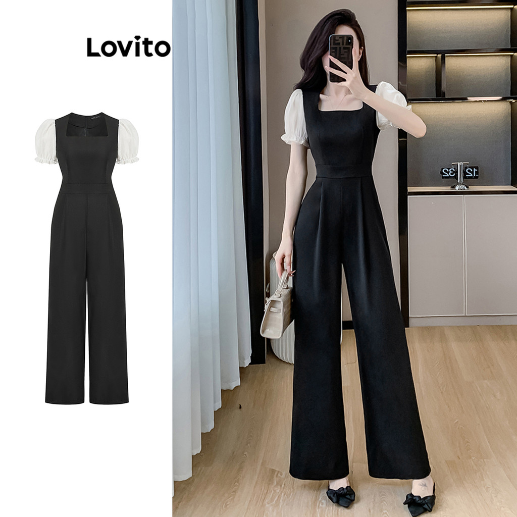 Lovito จั๊มสูทผู้หญิง แต่งระบาย ผ้าเย็บต่อ สีพื้น แบบคัลเลอร์บล็อก สไตล์หรูหรา L96MD066