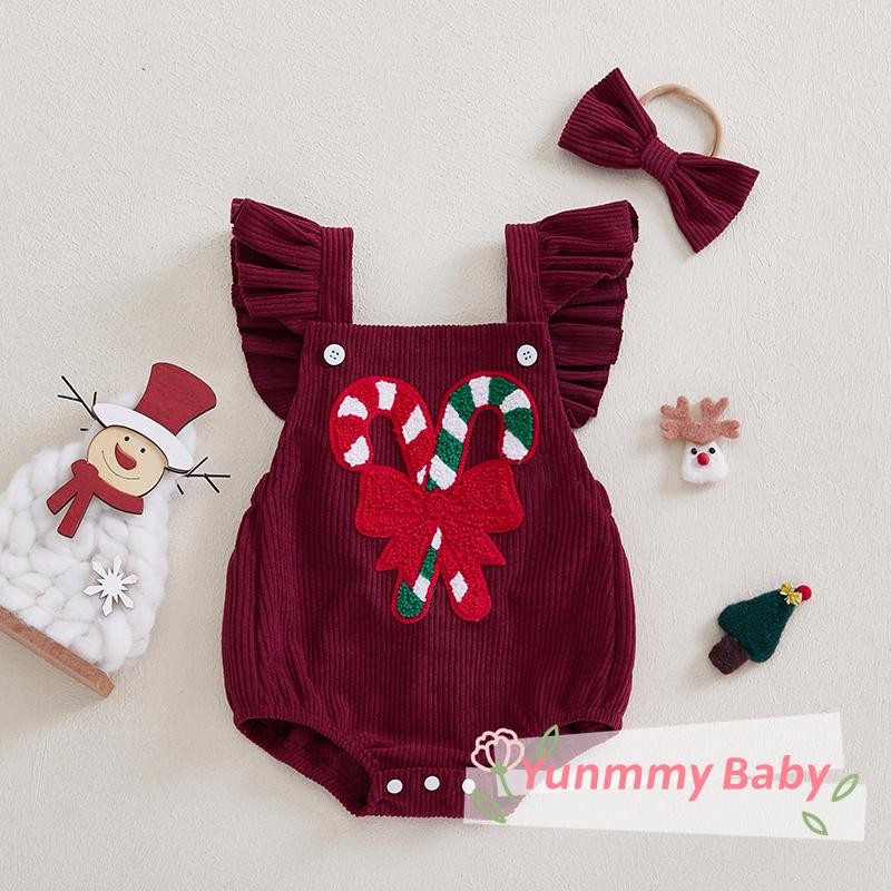 เด็กทารกคริสต์มาส Romper Casual Candy Cane รูปแบบ Corduroy Jumpsuit และชุดแถบคาดศีรษะเสื้อผ้าแฟชั่นชุด