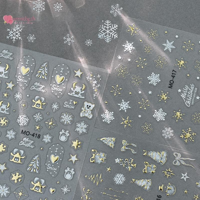 Renbg Gold Snowflake Bowknot Snowman น่ารักคริสต์มาส 3D Self กาวเล็บสติกเกอร์ Rhinestone 5D นูนบรรเทาเล็บ Decals TH