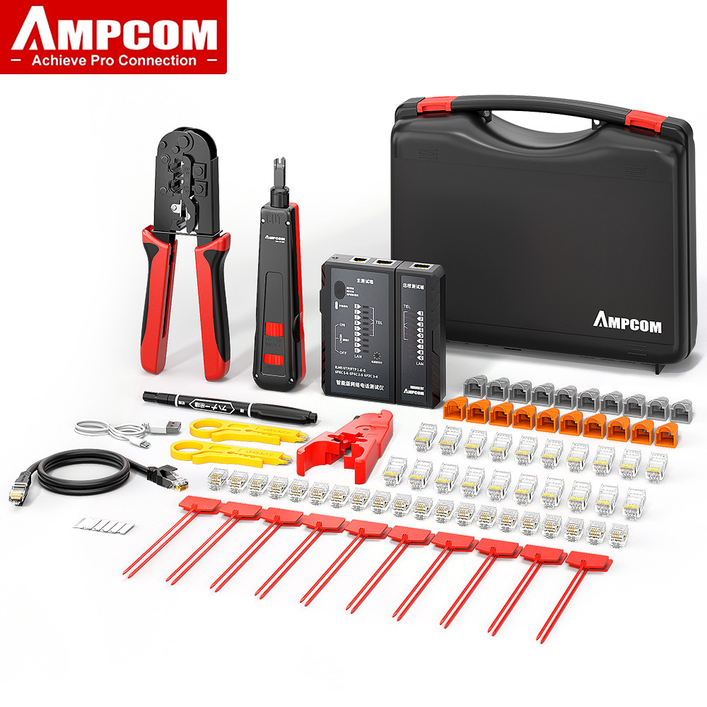 AMPCOM ชุดเครื่องมือ 14 ชิ้น, เครื่องทดสอบสายเครือข่าย RJ45 RJ11 CAT6, เครื่องอัดสาย, เครื่องตัดสาย, ชุดเครื่องมือตัดสายแบบหยิกและกดปลิ้น