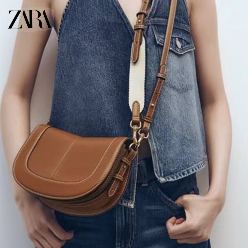 ZARA ซาร่า สเปนกระเป๋าสตรี 2024 ใหม่อานกระเป๋าหัวเข็มขัดแม่เหล็กพลิกสายตกแต่งกระเป๋า ผู้สื่อสาร