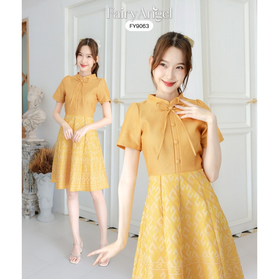 Fairyangelstore - เดรสผ้าไทยคอจีนผูกโบว์แต่งกระดุม (FY9063)