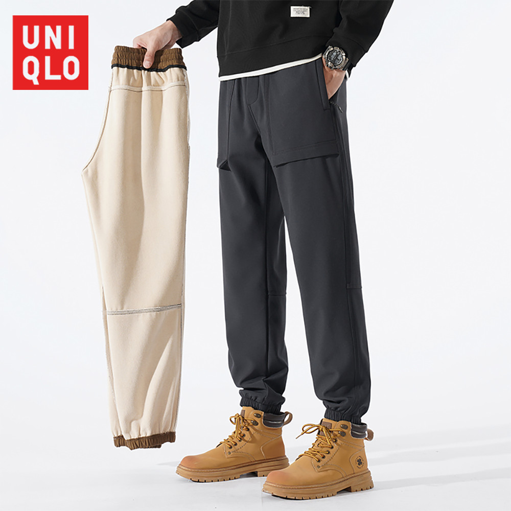 UNIQLO ยูนิโคล่ 2024 ฤดูใบไม้ร่วงและฤดูหนาวกางเกงขาตรงลําลองผู้ชายเบาะหนากันน้ํากีฬากลางแจ้ง ชุดทํางาน กางเกง