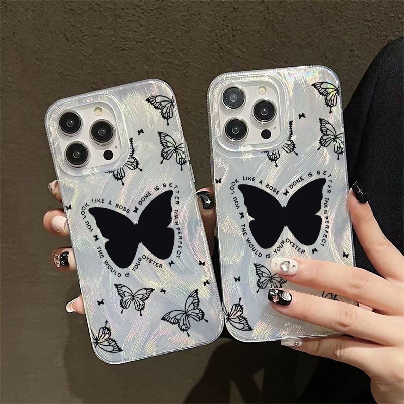 Poppa จากประเทศไทย เคส ไอโฟน ขนนกสีเงิน อ่อนนุ่ม TPU สำหรับ iPhone11 16 15 12 14 13 Pro Max 14PLUS/15PLUS ผีเสื้อ