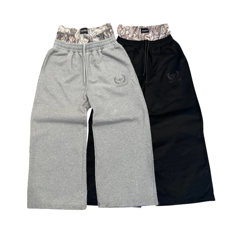Y2k Retro Sweatpants เอวคู่ปักลายพรางกางเกงขากว้างผู้ชายแนวโน้ม Casual Streetwear Unisex Baggy กางเกง