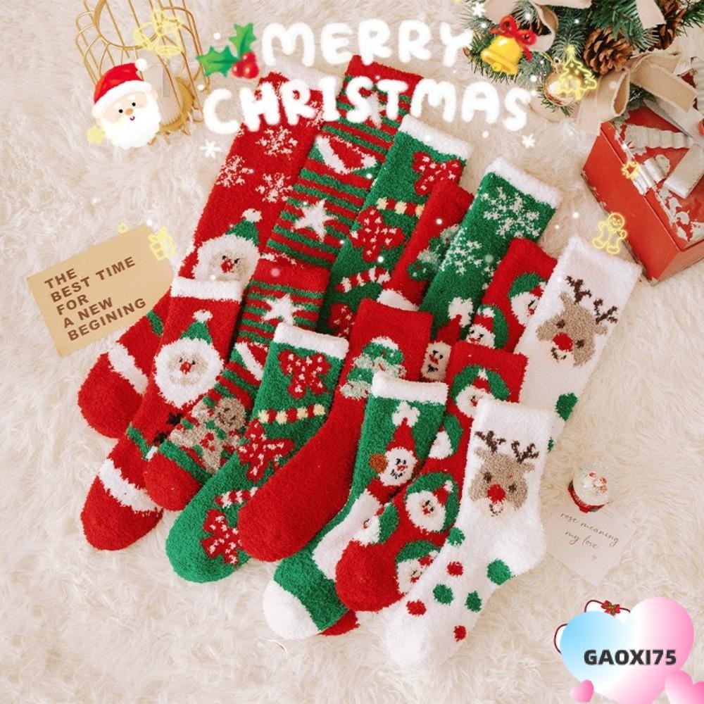 Gaoxi75 ถุงเท้าคริสต์มาส, ถุงเท้าปุยถุงเท้า Plush ฤดูหนาวที่อบอุ่น Elk Santa Claus นุ่มการ์ตูนถุงเท้าขนแกะปะการังสําหรับผู้หญิง