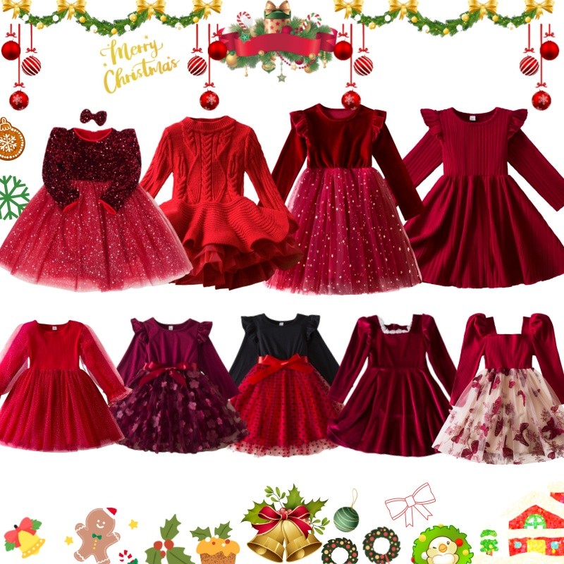 Wfrv สาวน้อยฤดูใบไม้ร่วง/ฤดูหนาวที่อบอุ่นปาร์ตี้คริสต์มาสปีใหม่สีแดงแขนยาวชุดโบว์เลื่อมผ้าโปร่งอ่อนดอกไม้งานเลี้ยงวันเกิดชุดที่สง่างาม
