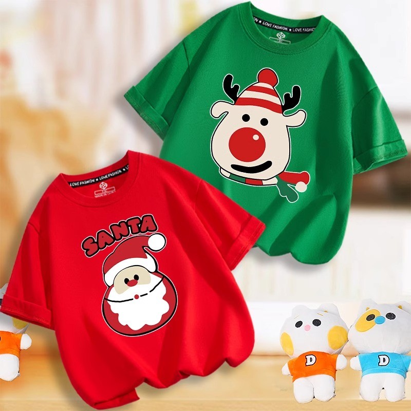 （พร้อมส่งจากกทม มาถึงใน 2วัน）เสื้อผ้าเด็กคริสต์มาสผ้าฝ้ายแขนสั้นเสื้อยืดเด็กพิมพ์ลาย christmas เสื้อเชิ้ตลำลองลำลอง