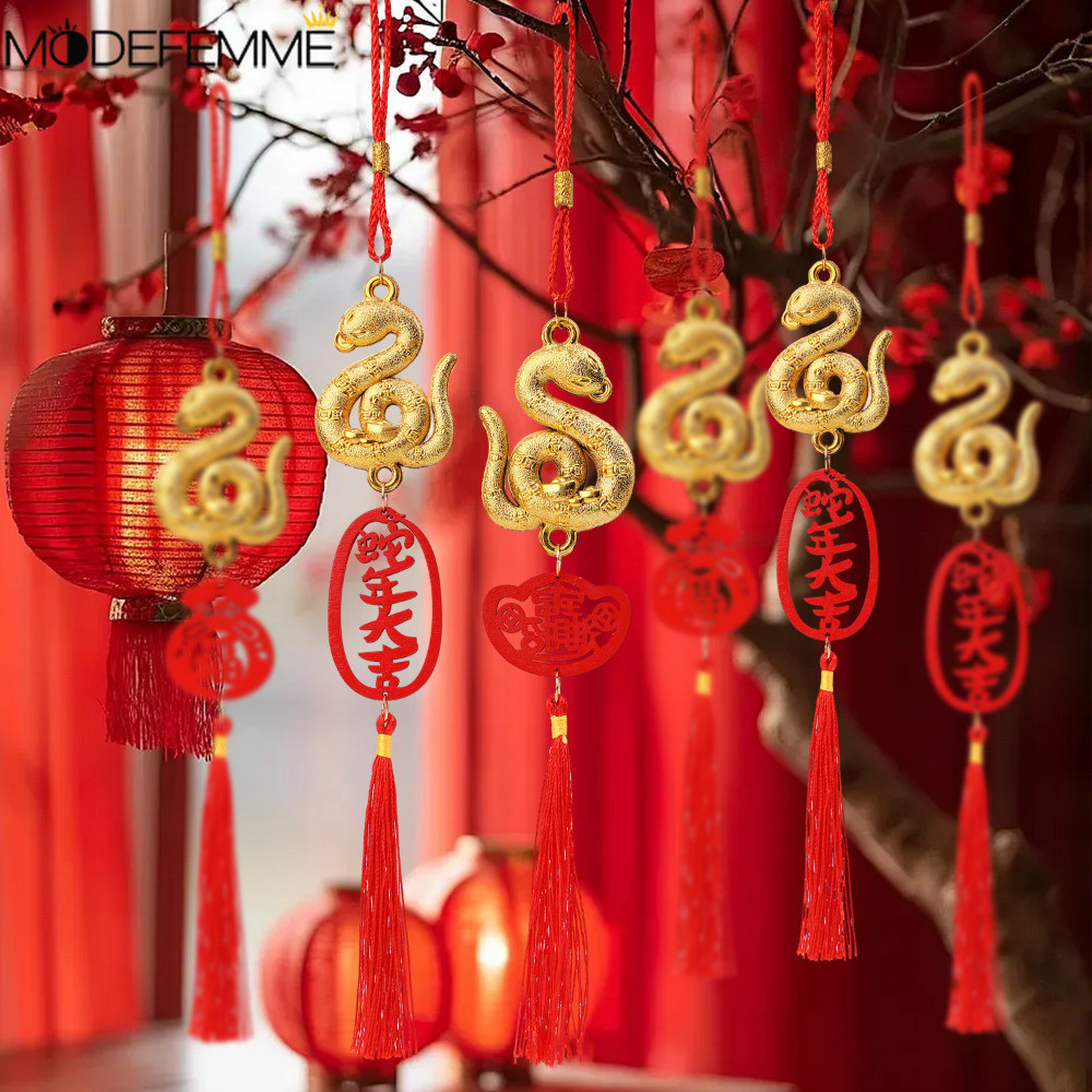 จี้งู Dooping ทอง - เทศกาลฤดูใบไม้ผลิแบบดั้งเดิม Suspend Charm - ตกแต่งปีใหม่นําโชค - กระถางต้นไม้แขวน - เครื่องประดับแขวนพู่สีแดง