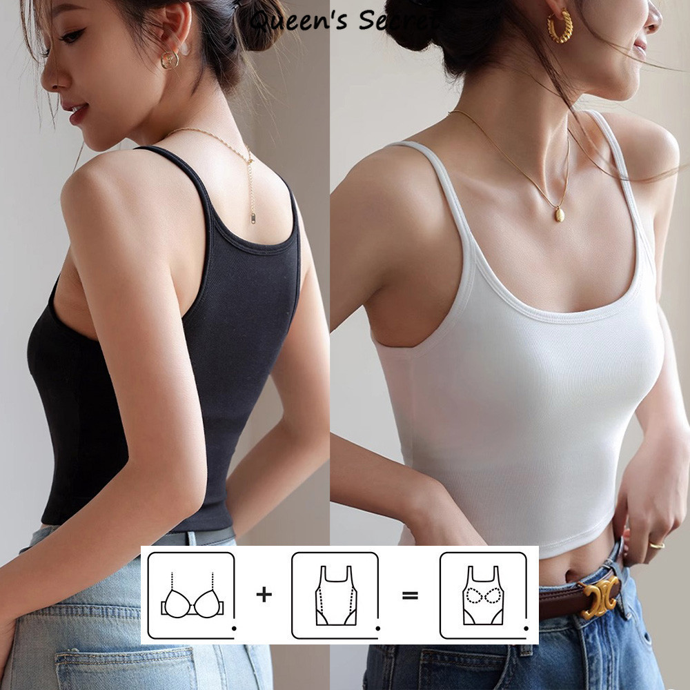 [Queen Secret]  เสื้อครอปคอยูผ้าฝ้าย เสื้อกล้าม ฉัน เสื้อตัวสั้นสีเทาดําขาวขั้นพื้นฐาน