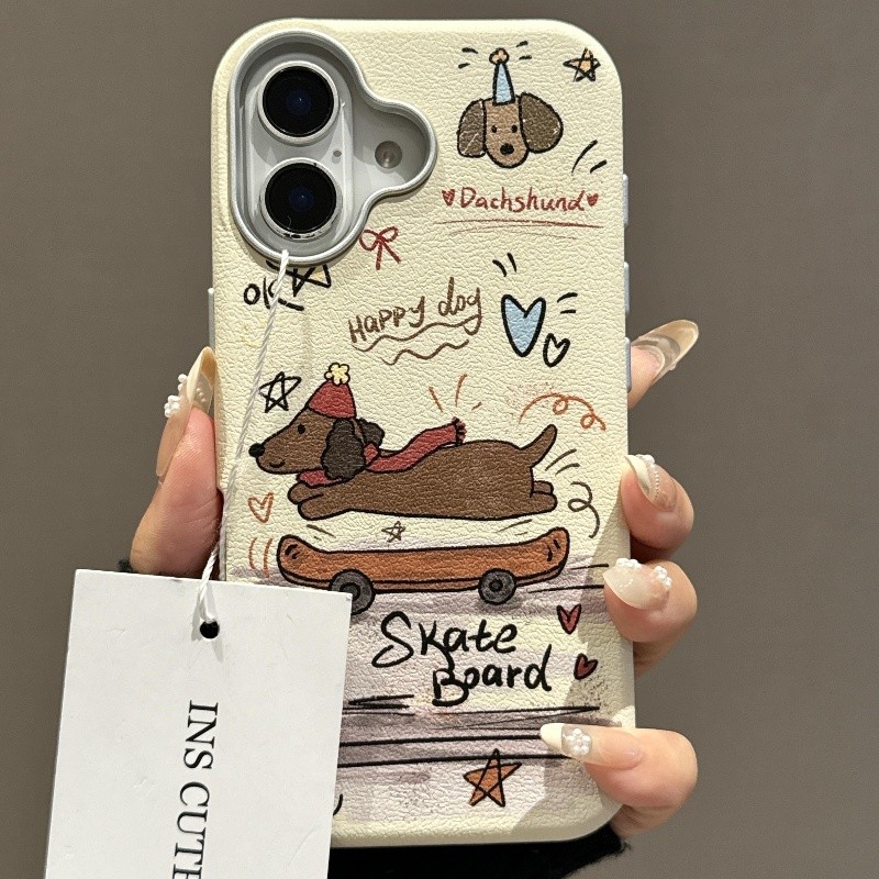 น่ารักหนัง Graffiti สเก็ตบอร์ด Dachshund สุนัขเคสโทรศัพท์สําหรับ iPhone16 15 14 13 12 Pro Max กันกระแทกกล้องป้องกัน Drop-proof Hard ปกหลัง