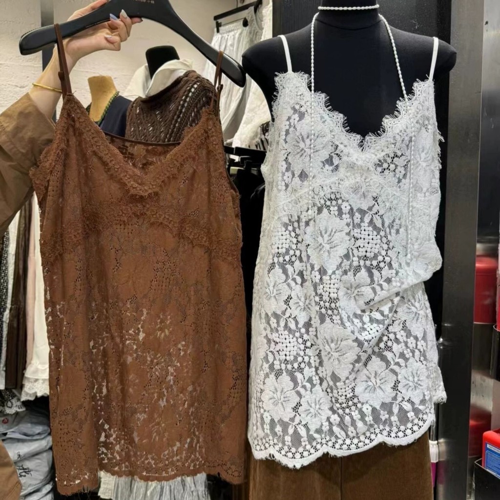 เสื้อชั้นในสตรีลูกไม้สีขาวเวอร์ชั่นเกาหลีหวานแฟชั่นเซ็กซี่เสื้อกั๊กคอวีหลวมด้านบน