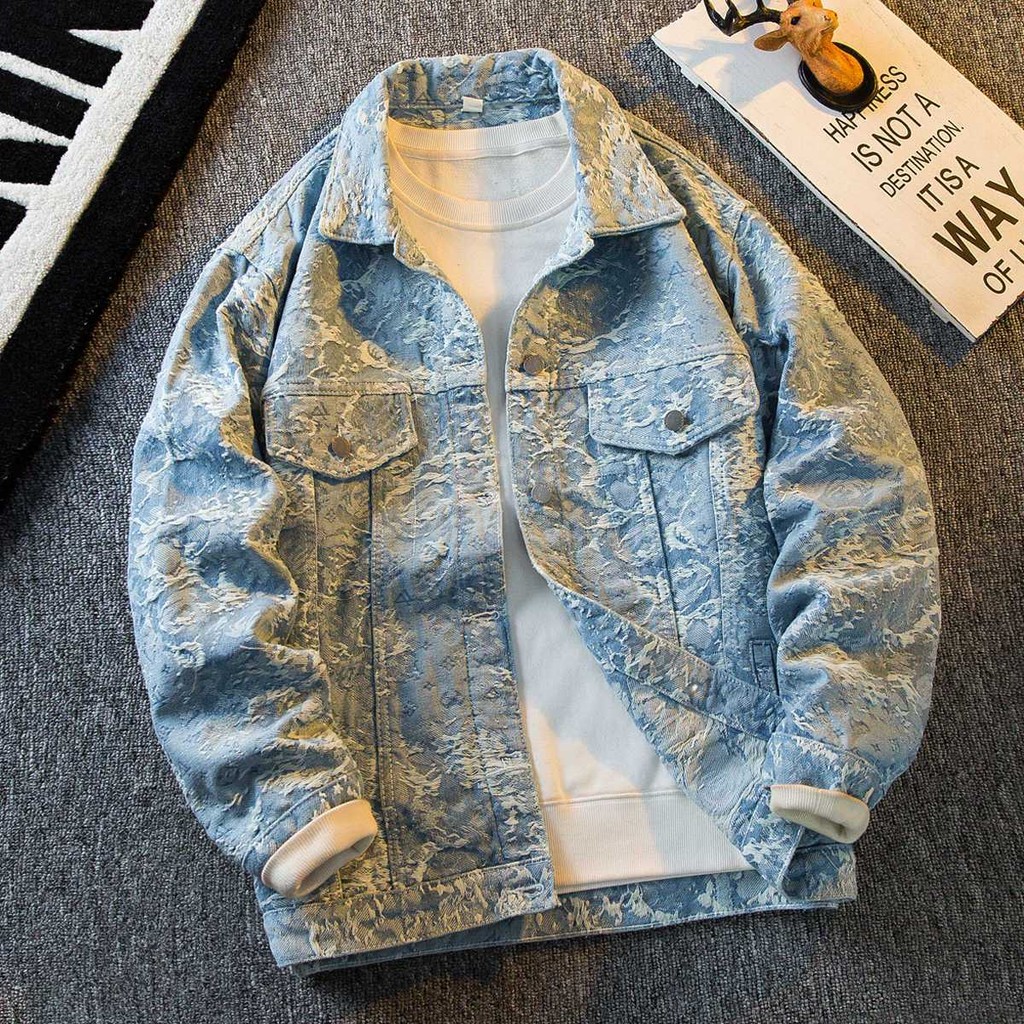 Begonia Boutique Must-Have Heavy Industry Destruction พู่สีฟ้าสีขาว Porcelain Denim แจ็คเก็ตฤดูใบไม้ผลิ Retro ปักเสื้อ Top
