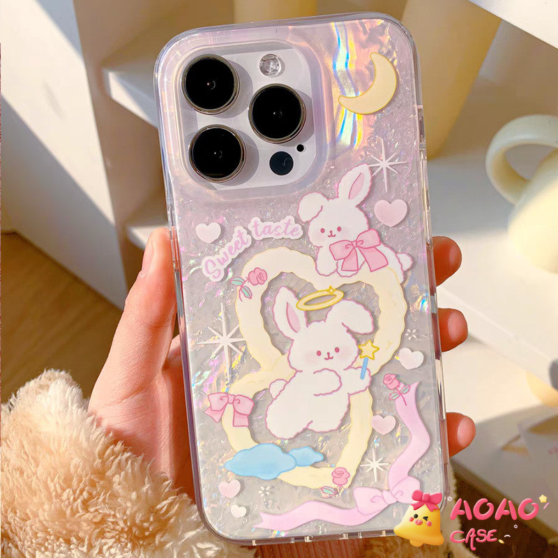 เคสไอโฟน 7Plus สำหรับ iPhone 16 11 15 13 12 14 Pro Max XR 7 16 8 14 15 Plus X XS Max รูปแบบเปลือกหอยกระต่ายการ์ตูนหวาน