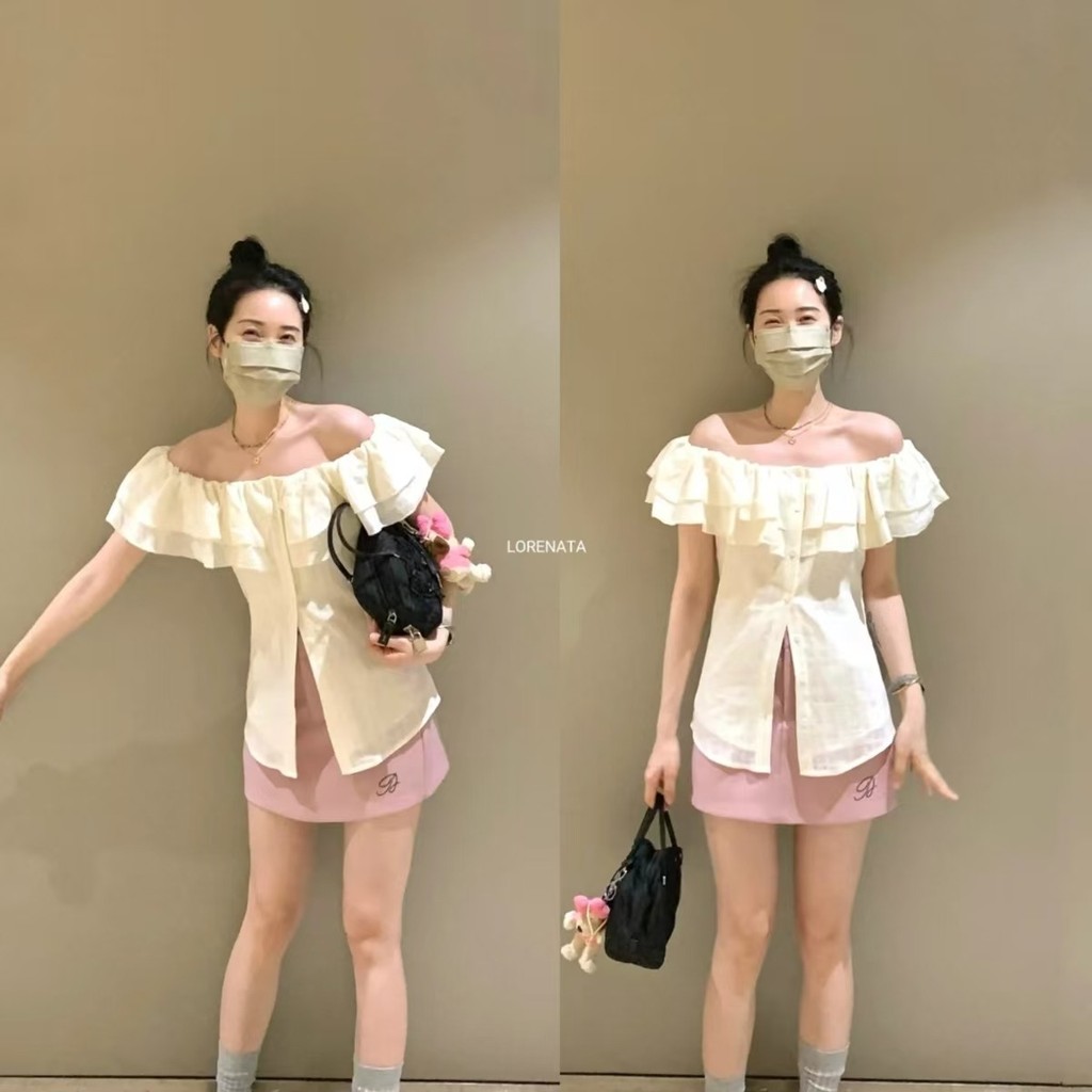 (จัดส่งด่วนจากกทม.) LORENATA สไตล์ฤดูร้อนใหม่ของผู้หญิง ลูกไม้ใบบัว เสื้อปาดไหล่ทรงเข้ารูปพอดีตัว-Z279