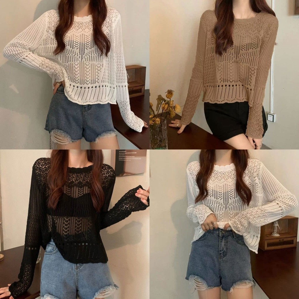 Anne เสื้อยืด แขนยาว คอกลม ไหมพรมซีทรู ทรงหลวม ผ้านิ่ม เสื้อครอป สไตล์เกาหลี ทรงสวย แฟชั่น #E207