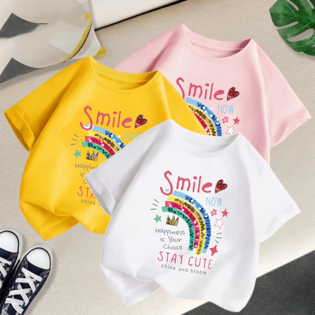3-12ย การ์ตูนสายรุ้งพิมพ์สาวแขนสั้นเสื้อยืดเด็กสบายๆเด็กยอดนิยมที่มีสีสันจดหมายพิมพ์ลูกเรือคอเด็ก เสื้อผู้หญิง-ที