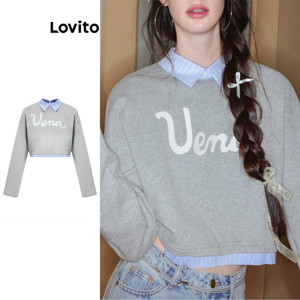 Lovito เสื้อสเวตเตอร์เย็บปะติดปะต่อกันน่ารักปกตัดกันปลอม 2 In 1 ผ้าสำหรับผู้หญิง L98AD080