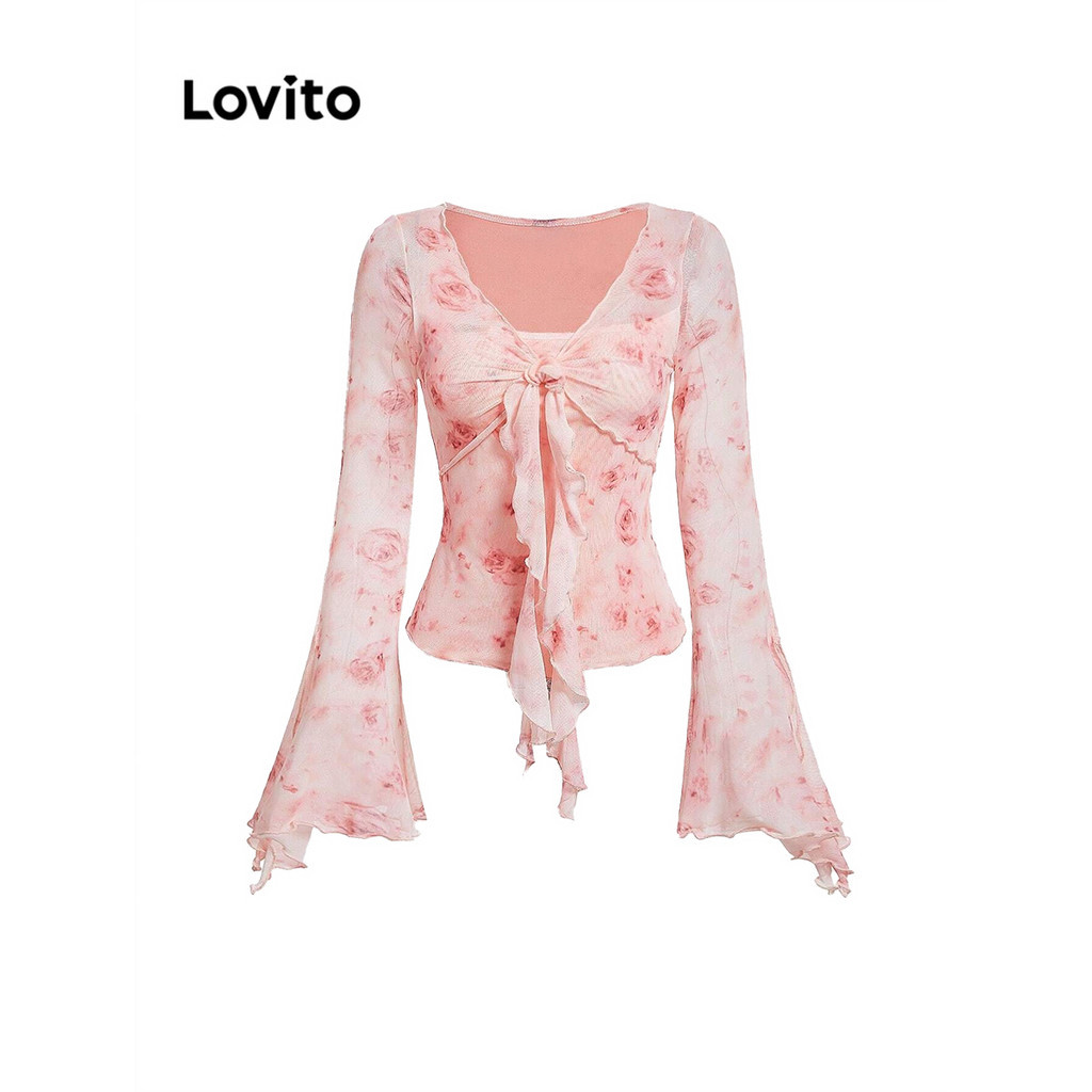 Lovito เสื้อยืดคอกลมลายดอกไม้ ดิทซี่ สุดเย้ายวนใจสำหรับผู้หญิง L101AD109