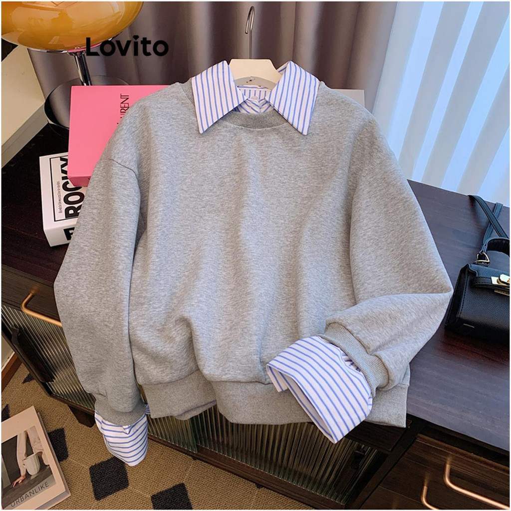 Lovito เสื้อสเวตเตอร์ผู้หญิง เย็บแต่งหลอกสองชั้น มีกระดุม สีพื้น สไตล์ลำลอง LNE67012