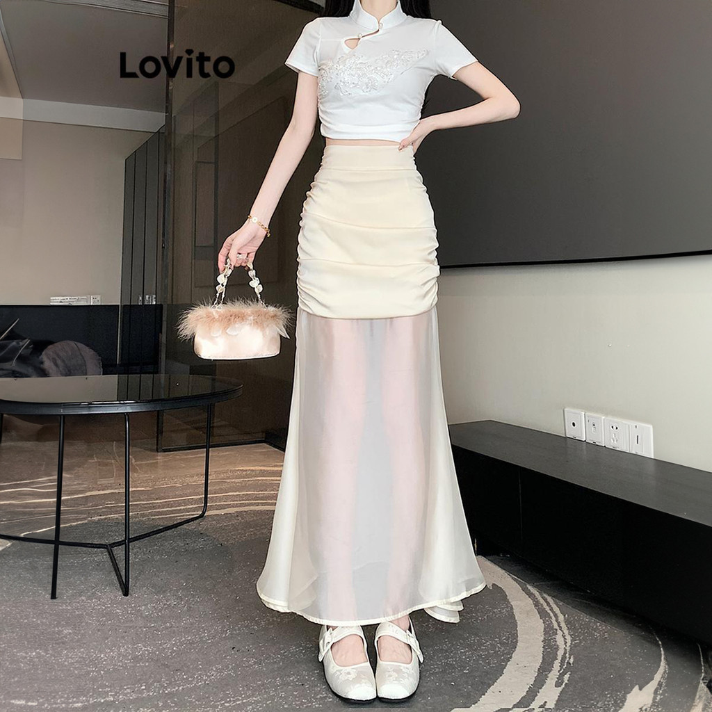 Lovito กระโปรงผู้หญิง แต่งตาข่ายตัดกัน สีพื้น สไตล์ลำลอง LNA62060
