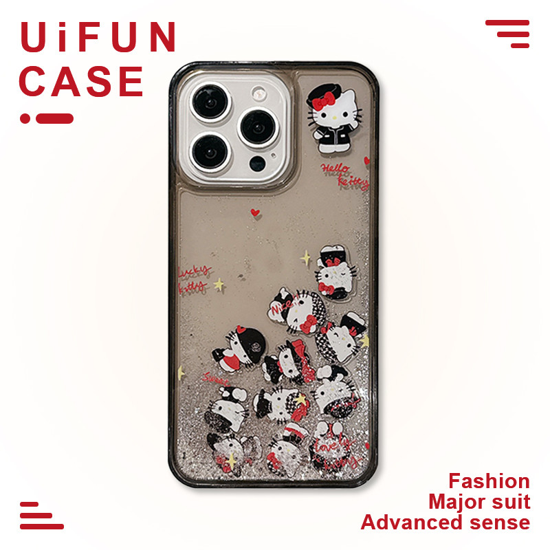 Kawaii Hello Kitty Slider Bling Quicksand โทรศัพท์มือถือสําหรับ iPhone 16 15 14 Plus 13 12 11 Pro Max 16Plus อะคริลิคฝุ่นโทรศัพท์มือถือ Shell