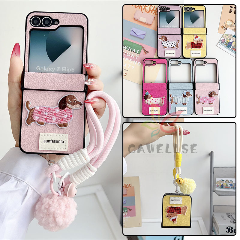 SAMSUNG ปลอกโทรศัพท์หนังการ์ตูนน่ารัก ซัมซุง Z Flip 6/Z Flip 7/Z Flip 5/Z Flip 4 พร้อมสร้อยข้อมือ กันกระแทก ฝาครอบแข็ง