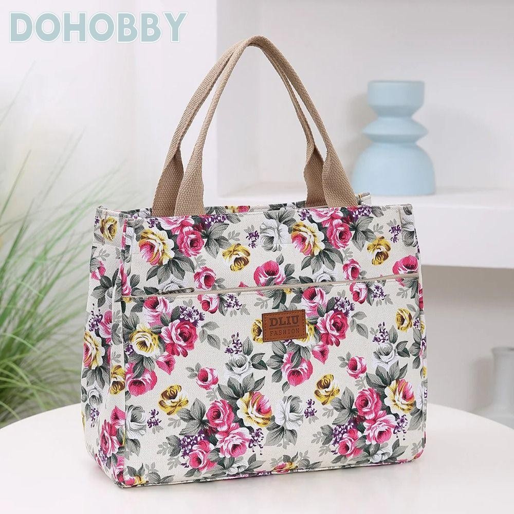 DOHOBBY กระเป๋าโท้ตลายดอกไม้, กระเป๋าใส่อาหารกลางวันผ้าแคนวาสสไตล์ชาติพันธุ์แบบพกพา