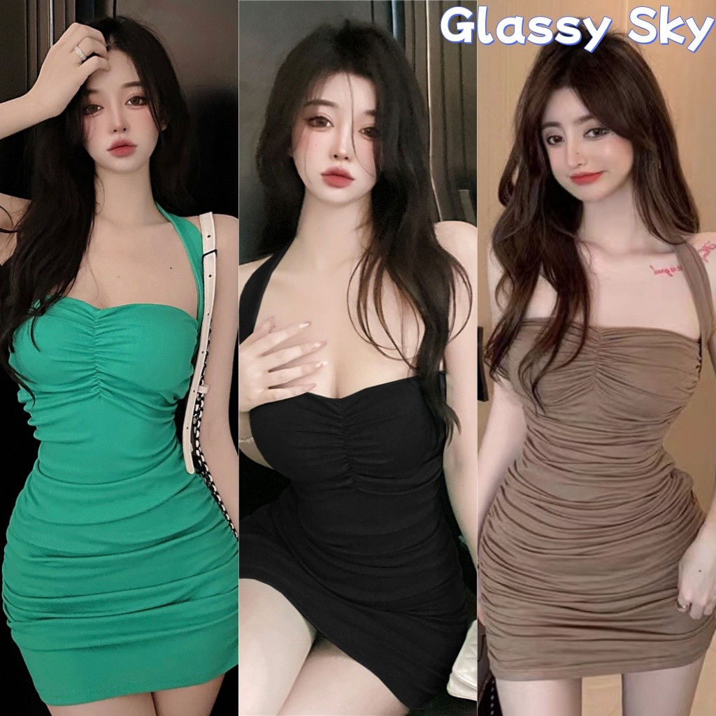 Glass Sky💖พร้อมส่ง💖ชุดเดรสเข้ารูป ดีเทลขอบหย่น เปิดไหล่ สุดเซ็กซี่ สายคล้องคอ (FY2210)