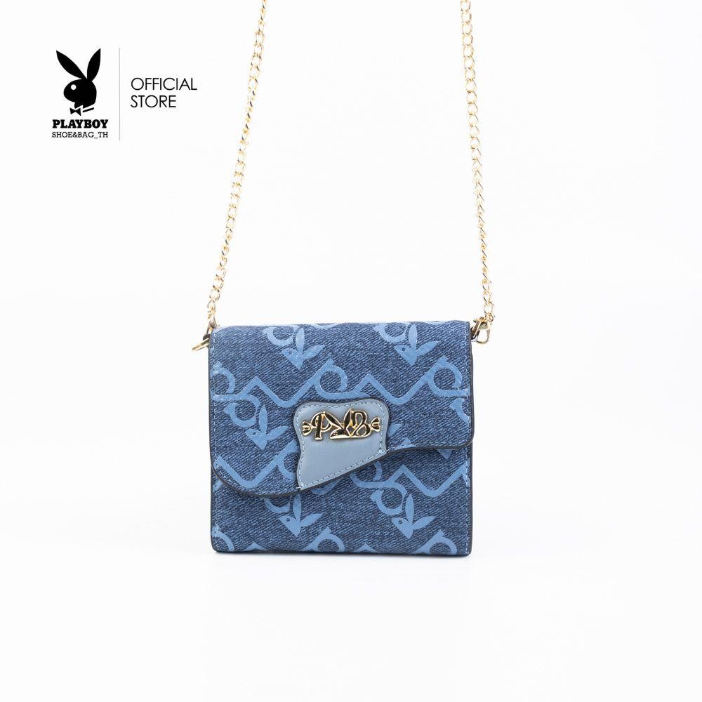 PLAYBOY รุ่น Freya Wallet on Chain กระเป๋าสตางค์ผู้หญิงใบสั้น รหัสST-WA252PB112 สกรีนลายผ้ายีนส์
