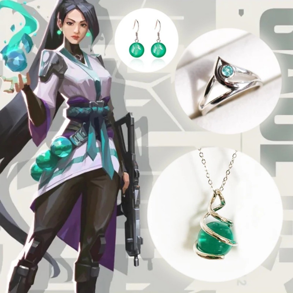 เกม VALORANT สร้อยคอสีเขียวต่างหูแหวน Valorante Sage เครื่องประดับสองมิติ Cos อุปกรณ์เสริม Props