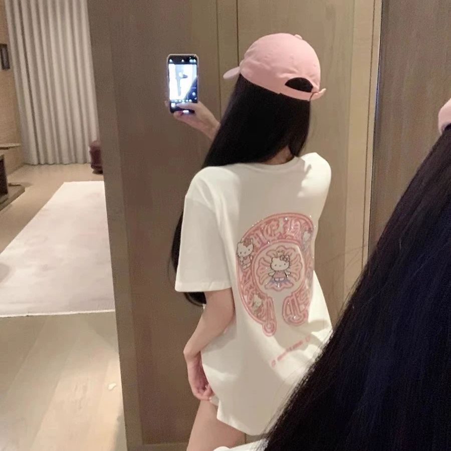 ผู้หญิงคิตตี้เพชรพิมพ์เสื้อยืดฤดูร้อนน่ารักแขนสั้นหลวมด้านบน