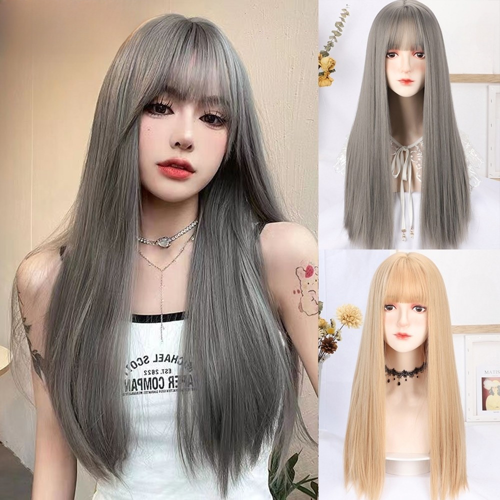 65เซนติเมตรวิกผมสําหรับผู้หญิง3งอากาศเรียบผมยาวตรง ผมต่อ วิกผมสีดํา วิกผมสีชมพู คอสเพลย์ผมเต็มชุดวิกผมปุย