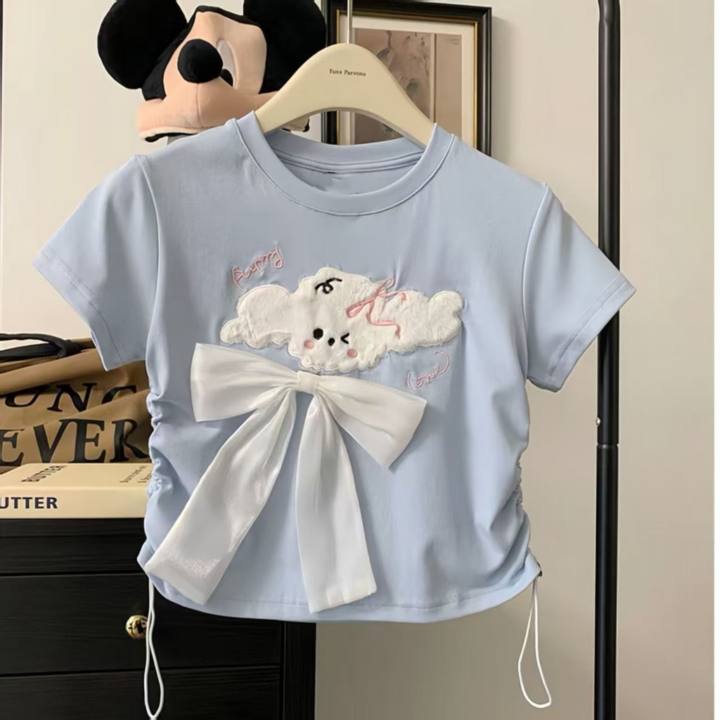 ท็อปแขนสั้นสำหรับเด็กผู้หญิง ลายโบว์น่ารัก เสื้อยืดฤดูร้อนแบบมีเชือกรูด ทรงเข้ารูป สำหรับสาวน้อย