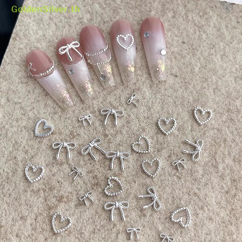 Goldensilver 10pcs โลหะผสม Bowknot Love เล็บ Art Charms ตกแต่ง 3D โลหะหรูหรา Silver Bows รูป Jewellery DIY เล็บออกแบบอุปกรณ์ TH