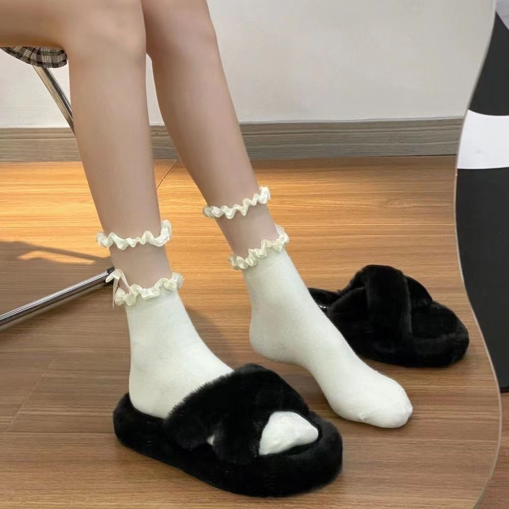 SW416TG สไตล์เดียวกันถุงเท้าลูกไม้สีดําสาวโบว์ถุงเท้ากลางหลอดบางสไตล์จับคู่รองเท้าหนังขนาดเล็ก jk ถุ