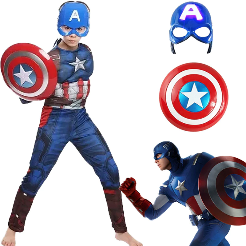 The Avengers กัปตันอเมริกาเครื่องแต่งกายสําหรับเด็ก Boy Super Hero Blue Muscle Light-Up Mask Sound Shield ชุดฮาโลวีนวันเกิด Party ชุด