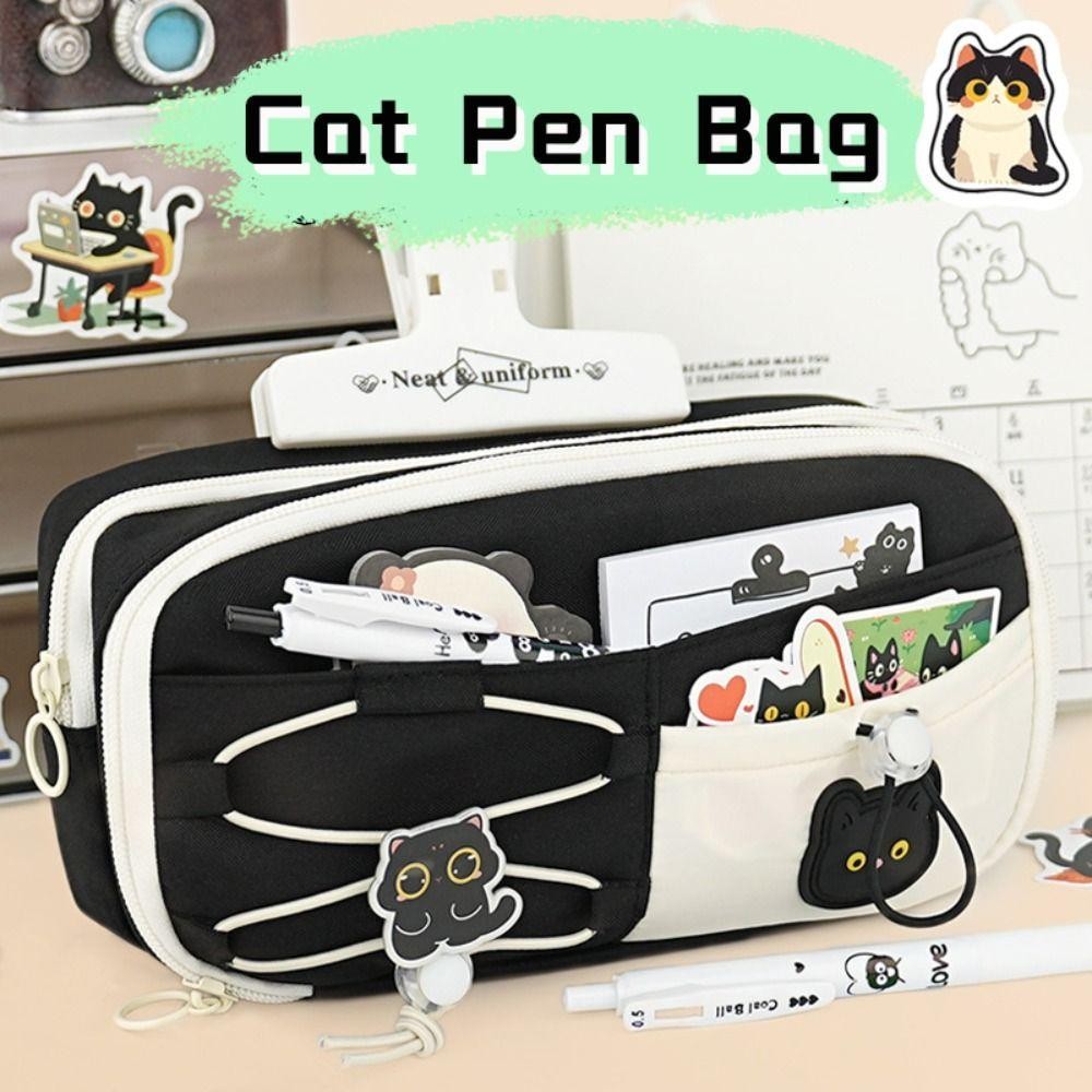 ปากกา ดินสอ ,ความจุขนาดใหญ่หลายชั้นปากกากระเป๋า,ที่มีคุณภาพสูงพาร์ทิชันการจัดเก็บแมวดํา เชือกรูด ออกแบบเครื่องเขียนออแกไนเซอร์ของขวัญนักเรี