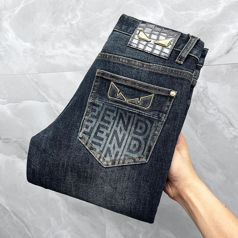 High-End Street Wear สินค้ายุโรปสถานียุโรป Little Monster Men Blue Slim-fit Skinny Denim Trou