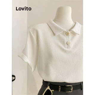 Lovito แคชชวล เสื้อยืดทรงหลวมเรียบๆ ผ้าถักลายวาฟเฟิล โปโล สำหรับผู้หญิง L68ED039 (หลากสี)