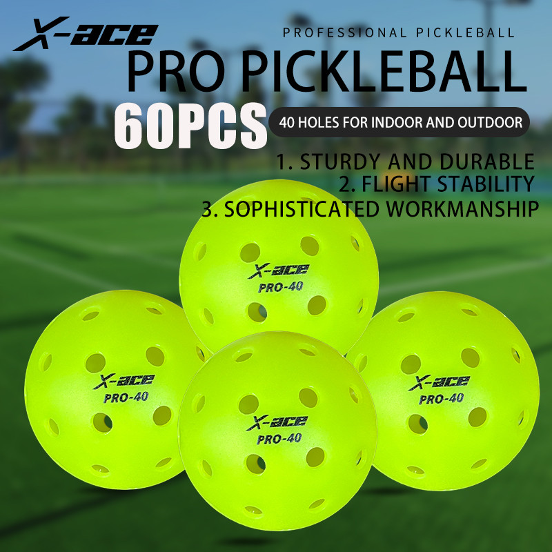 X-ace Pro-40 Pickleball Balls 60 ชิ้น, สีเขียวการมองเห็นสูง, การก่อสร้างชิ้นเดียวไม่มีรอยต่อ, สมดุลที่สมบูรณ์แบบ, ตีกลับสูง, ลูกดอง