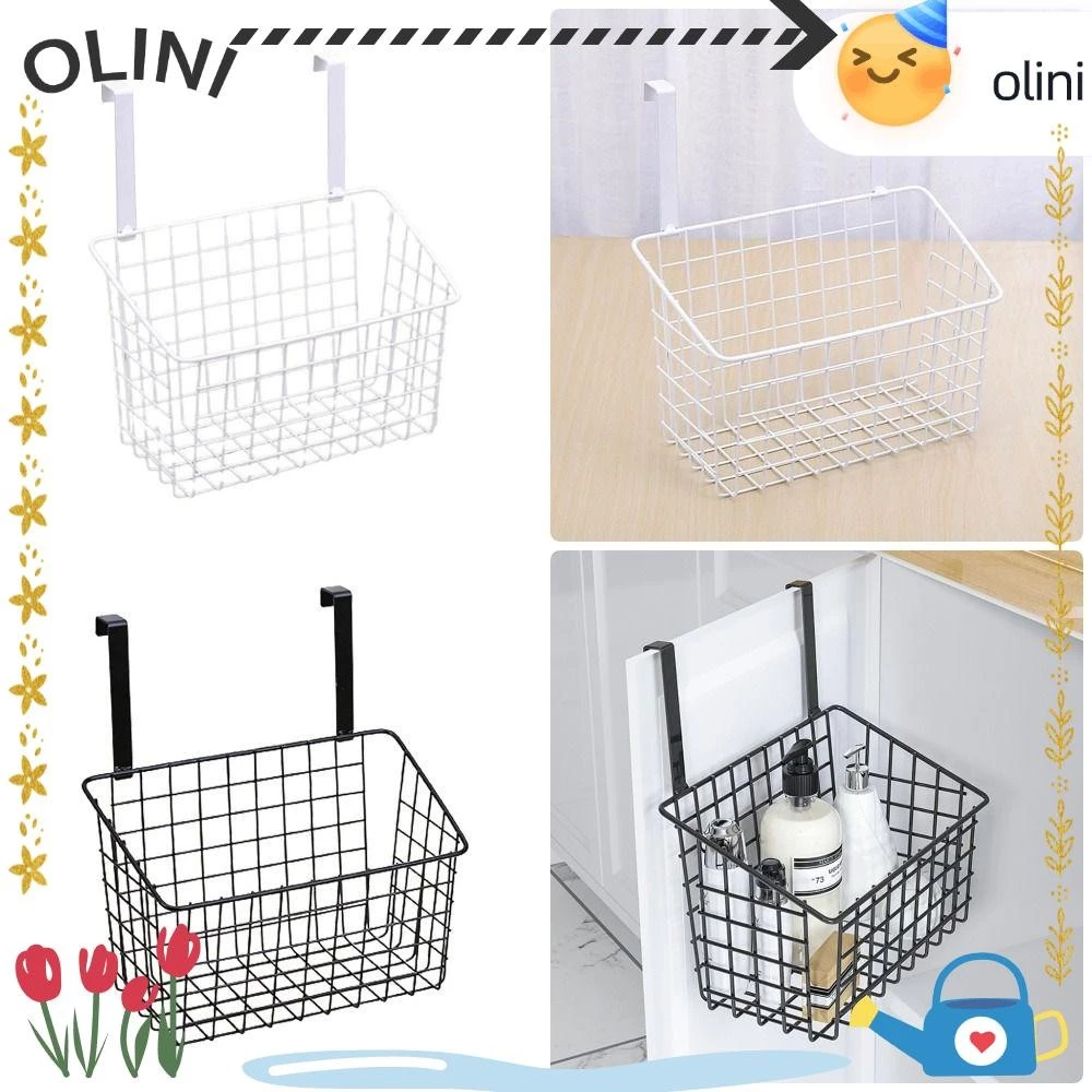 โอลินี 1ชิ้นตารางที่มีตะขอเหล็กตะกร้าเก็บ,ประตูหลังแขวนตะกร้า,ทนทานสีดําสีขาวแขวนชั้นเก็บห้องครัวขวดปรุงรส