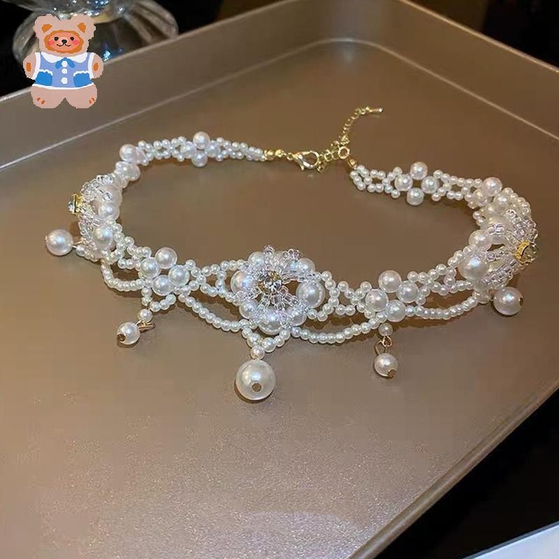 [CRS]สร้อยคอดอกไม้คริสตัลและมุกแฟชั่นหรูหราสําหรับผู้หญิง ราคา ถูกที่สุด ดีลบีเคเค