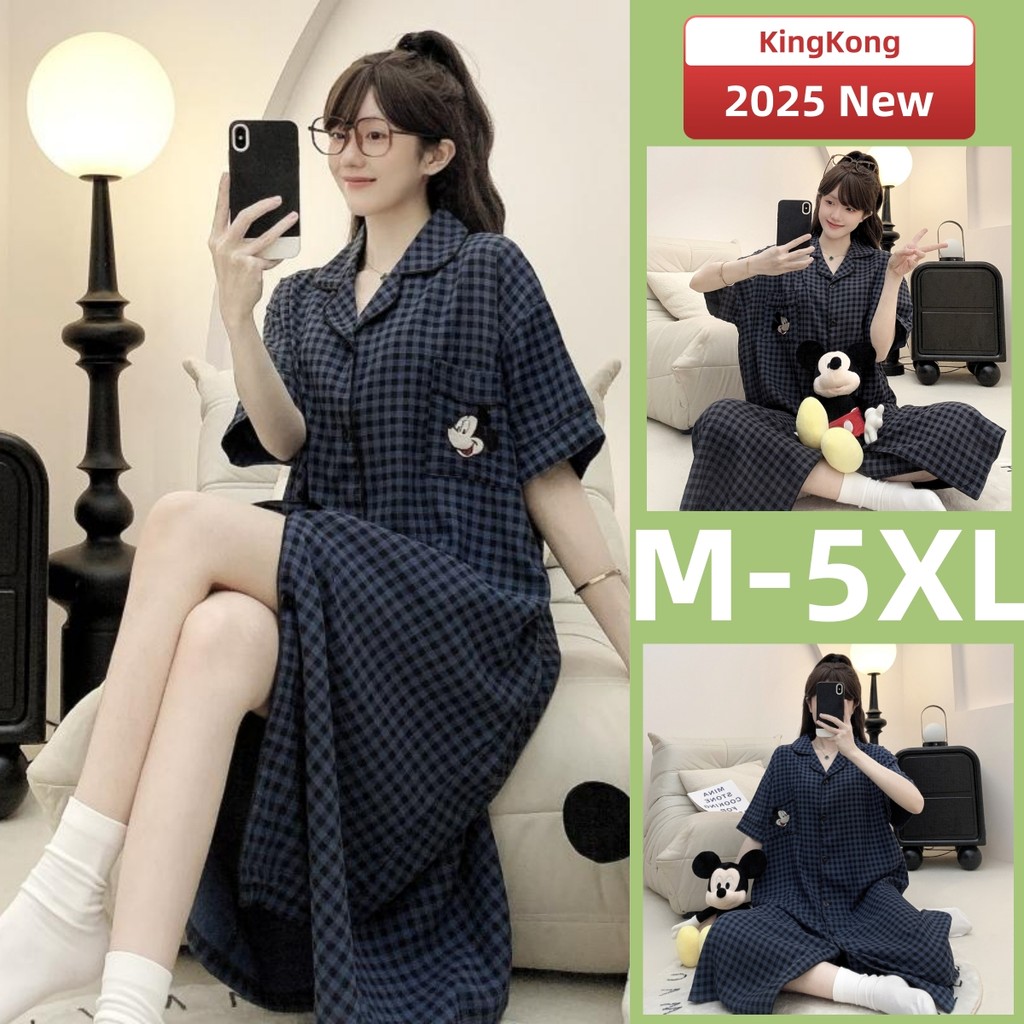 M-5XL ชุดราตรี ชุดนอนผู้หญิง Plus ขนาดชุดราตรีนอนฤดูร้อนผ้าฝ้ายแขนสั้นนอนผู้หญิงการ์ตูนลายสก๊อตสวมใส่