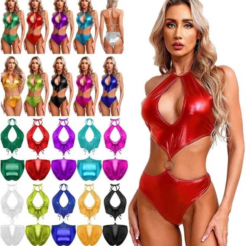 BD66-789 ผู้หญิงเซ็กซี่หนังสิทธิบัตรเคลือบเงา Tie Gold นูนหลากสีชุดว่ายน้ําคอแน่น