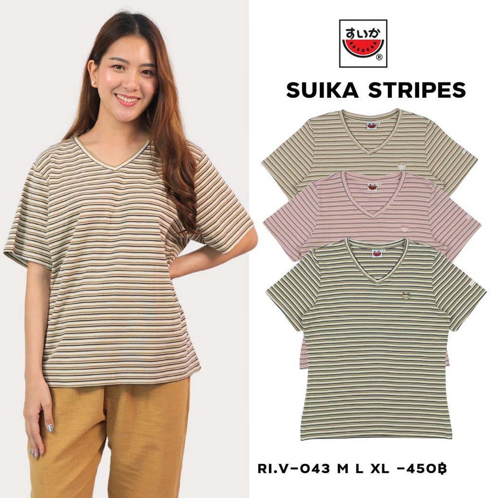 เสื้อแตงโม (SUIUKA)-เสื้อยืดแตงโมคอวีแขนสั้น ผ้าคอตตอนอินเตอร์ล๊อค ลายริ้ว (RI.V-043) – โปรปัง